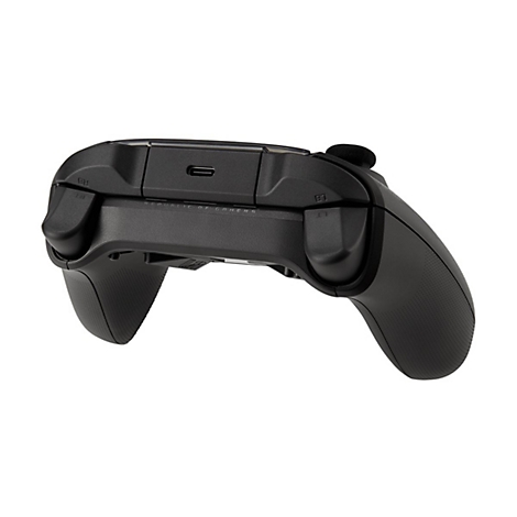 Rückseite eines schwarzen Gaming-Controllers mit USB-C-Anschluss und Schultertasten.