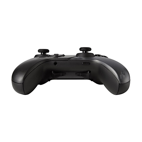Ein schwarzer Gamecontroller mit zwei Joysticks, Knöpfen und einem strukturierten Griff, vor weißem Hintergrund.