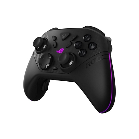 Schwarzer Gaming-Controller mit beleuchtetem ROG-Logo und LED-Streifen vor weißem Hintergrund.