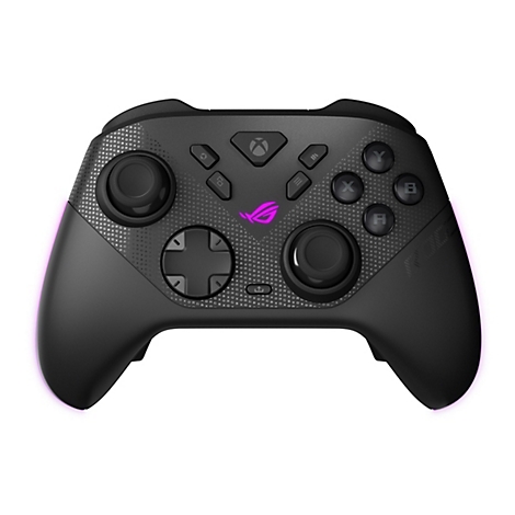 Schwarzer Gaming-Controller mit beleuchtetem ROG-Logo, gemustertem Gehäuse und ergonomischem Layout vor weißem Hintergrund.