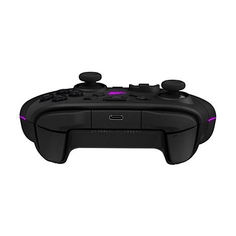 Schwarzer Asus ROG Gaming-Controller mit USB-C-Anschluss und leuchtendem violettem Logo auf weißem Hintergrund.
