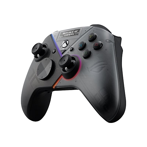 Schwarzer Xbox-Controller mit ROG-Logo und farbigen Akzenten. Er hat Joysticks, Tasten und ein D-Pad.