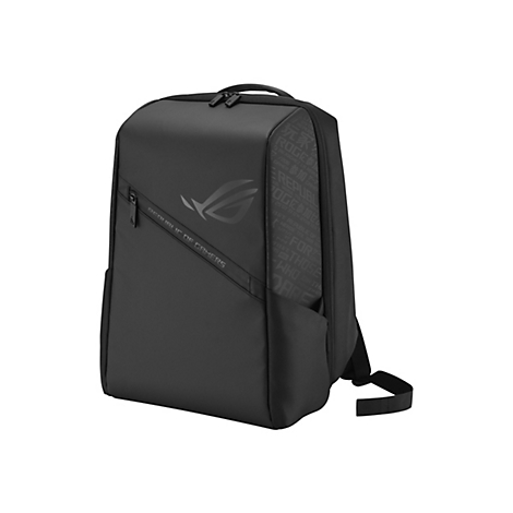 Schwarzer ROG Gaming-Rucksack vor weißem Hintergrund mit Republic of Gamers Logo und Schriftzug.