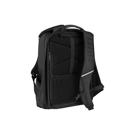 Rückseite eines schwarzen Gaming-Rucksacks mit atmungsaktivem Netzpolster und verstellbarem Schultergurt.