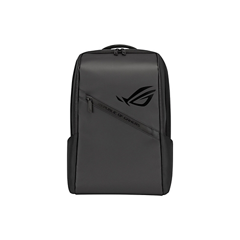 Schwarzer ROG Gaming-Rucksack mit Republic of Gamers Logo auf glatter Vorderseite vor weißem Hintergrund.