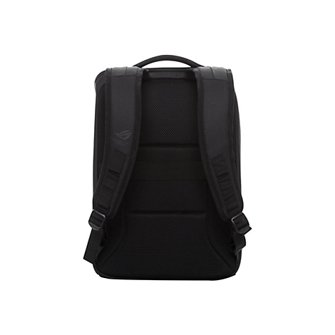 Rückseite eines schwarzen Gaming-Rucksacks mit gepolsterten Tragegurten und Mesh-Polsterung vor weißem Hintergrund.