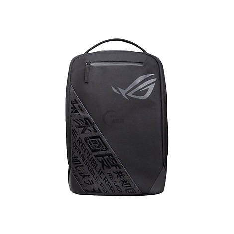 Schwarzer Asus ROG Gaming-Rucksack mit markantem Logo und geometrischem Muster auf der Vorderseite.