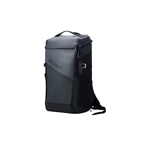 Schwarzer Asus ROG Gaming-Rucksack mit Branding auf der Vorderseite vor weißem Hintergrund.