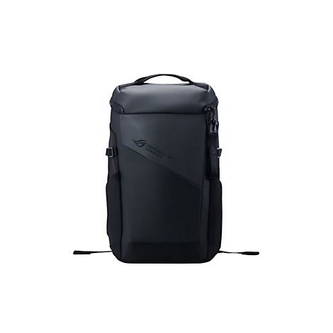 Schwarzer Rucksack mit Reißverschlüssen, Griff und Logo.