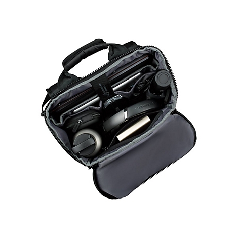Schwarze Laptoptasche, geÃ¶ffnet, mit Laptop, KopfhÃ¶rern, Wasserflasche, Powerbank. Graue InnenfÃ¤cher.