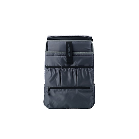Grauer Rucksack mit schwarzem Reißverschluss, auf dem ein Logo steht. Der Rucksack hat mehrere Taschen und Riemen.