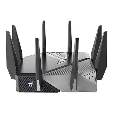 Schwarzer Router mit Antennen. Graue und schwarze Details. Mehrere Tasten und USB-AnschlÃ¼sse.