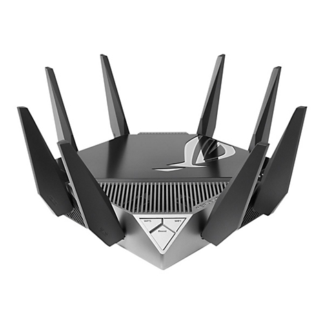 Ein Router, grau-schwarz, mit sechs Antennen. Unten ein silbernes Dreieck mit Tasten.