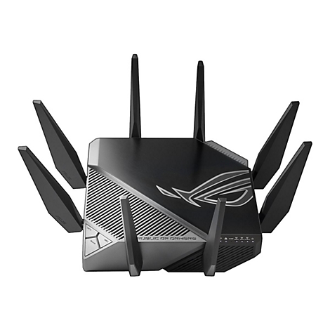 Schwarzer Router mit sechs Antennen, ROG-Logo. Aufschrift: Public of Gamers. Schwarzer Hintergrund.