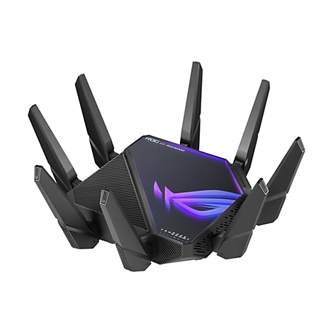 Schwarzer Router mit acht Antennen, die von der Mitte ausstrahlen. Auf der Oberseite leuchtet das ROG-Logo in Violett und Blau.
