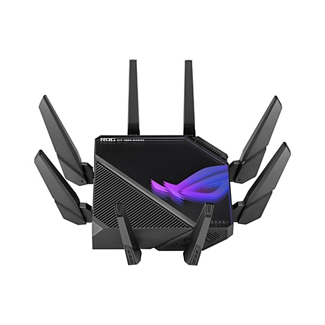 Schwarzer Router mit Antennen, ROG Logo. Auf weiÃŸem Hintergrund.