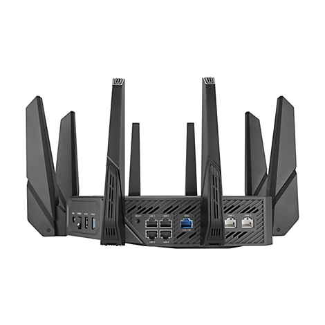 Schwarzer WLAN-Router mit acht Antennen, AnschlÃ¼ssen und Tasten, grauer Hintergrund.