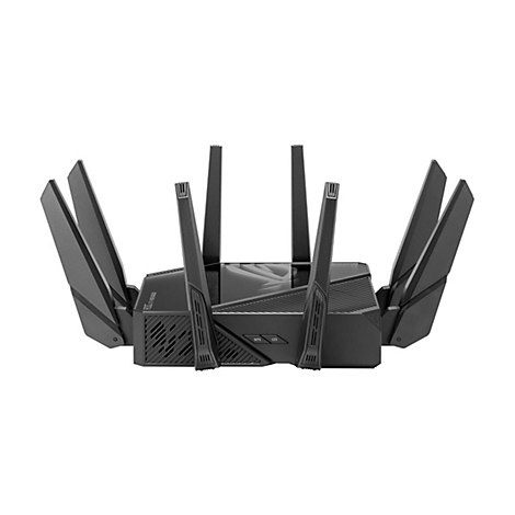 Schwarzer WLAN-Router mit mehreren Antennen. Details wie LÃ¼ftungsschlitze und Leuchten sind sichtbar.