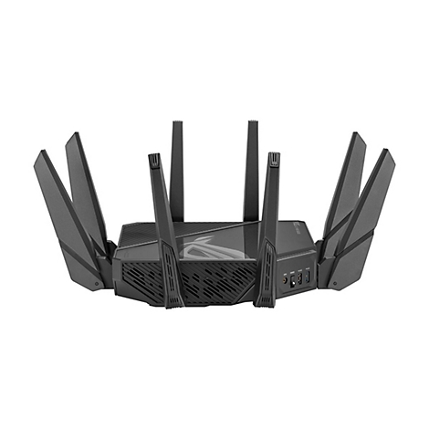 Schwarzer Router mit mehreren Antennen, ROG-Logo, Details. Auf weiÃŸem Hintergrund.