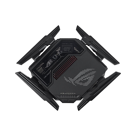 Schwarzer Router mit acht Antennen, ROG-Logo und LED-Anzeigen, Detailansicht.