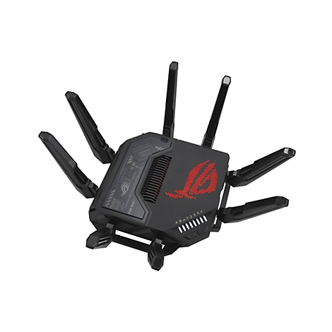 Ein schwarzer Gaming Router mit roten Details und zahlreichen Antennen, vor weißem Hintergrund.