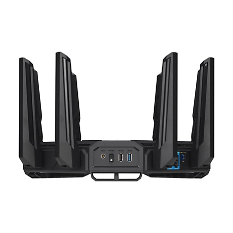 Schwarzer Router mit sechs Antennen. Auf der Rückseite Anschlüsse für Strom, USB und LAN.