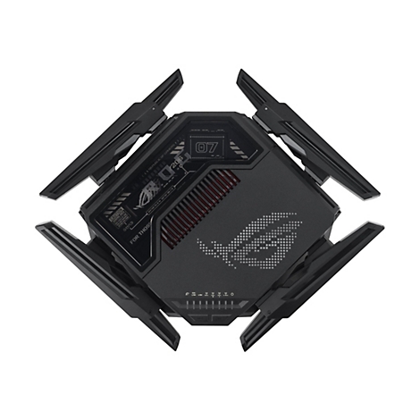 Schwarzer Asus ROG Gaming-Router von oben mit vier Antennen, markanten Designelementen und leuchtendem Logo-Muster.