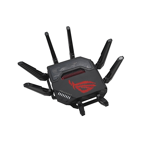Schwarzer Router mit sechs Antennen, roter ROG-Logo-Beleuchtung und Text.