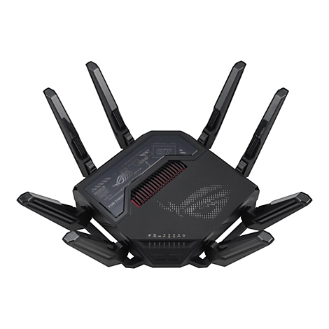 Schwarzer Asus ROG Gaming-Router mit acht Antennen, futuristischem Design und beleuchteten Lüftungsschlitzen.