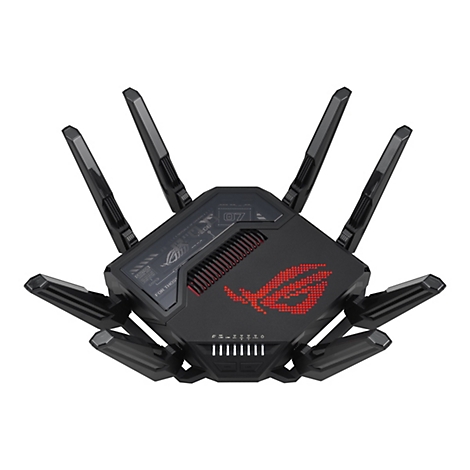 Schwarzer Asus Gaming-Router mit acht Antennen und beleuchtetem, rotem ROG-Logo auf weißem Hintergrund.