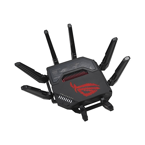 Schwarzer Gaming-Router ASUS ROG mit acht abstehenden Antennen und rotem leuchtendem ROG-Logo auf der Oberseite.