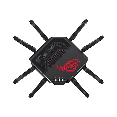 Schwarzer Gaming-Router mit acht Antennen, leuchtendem roten ROG-Logo und futuristischem Design auf weißem Hintergrund.