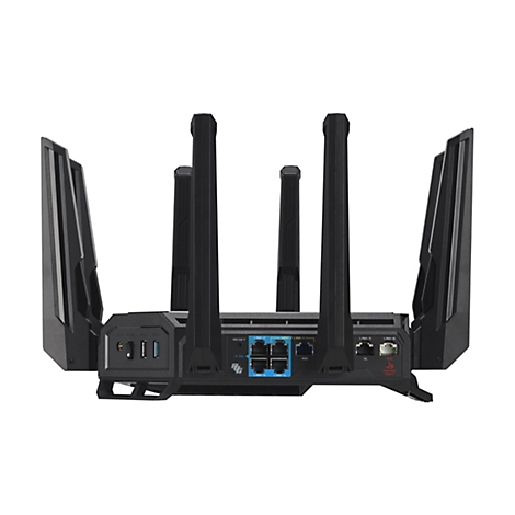 Schwarzer Router mit sechs Antennen, Ports und Beschriftungen.