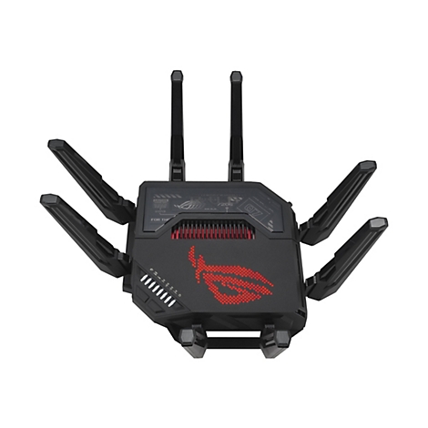 Schwarzer Asus ROG Gaming-Router mit sechs Antennen und leuchtendem rotem Logo auf der Oberseite.