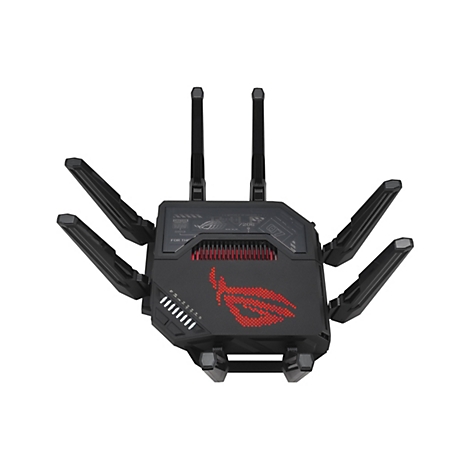 Schwarzer Asus ROG Gaming-Router mit sechs abstehenden Antennen und leuchtendem roten Logo auf weißem Grund.
