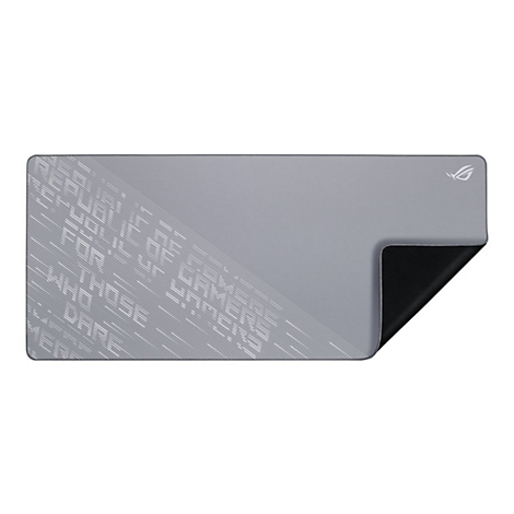 Graues Gaming-Mauspad mit ASUS ROG Logo und Schriftzug 'For Those Who Dare' auf der linken Seite.