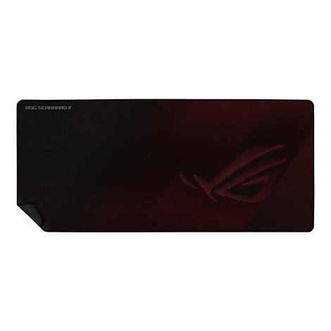 Schwarzes Gaming-Mauspad mit rotem ROG-Logo und Text "ROG SCABBARD II".