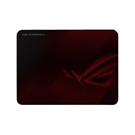 Tapis de souris rouge avec le logo ROG. En haut à gauche, il est écrit ROG SCABBARD II.
