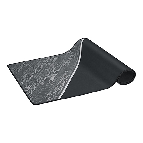 Schwarzes Gaming-Mauspad mit hellem, mehrsprachigem Schriftmuster, das an der Seite aufgerollt ist.