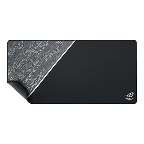 Schwarzes ROG Mauspad mit weißem, textlastigem Design in der oberen linken Ecke und ROG-Logo unten rechts.