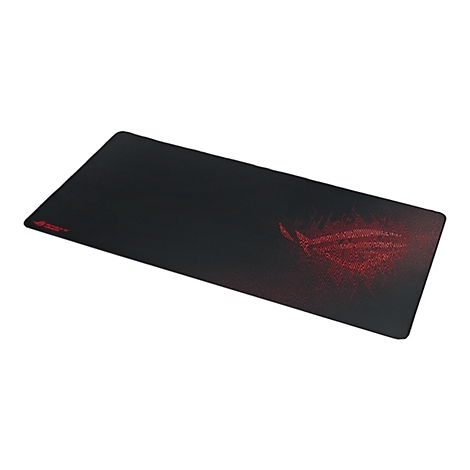 Tapis de souris noir avec logo ROG rouge et motif.