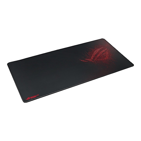 Tapis de souris noir avec logo ROG rouge et texture. Le tapis affiche le logo et le texte Republic of Gamers.