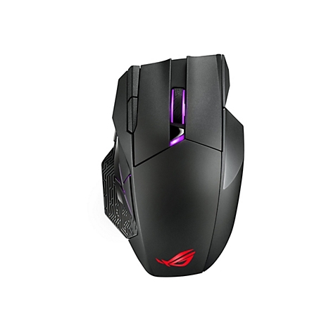 Schwarze Gaming-Maus mit lila Akzenten, ROG-Logo. Auf weißem Hintergrund. 