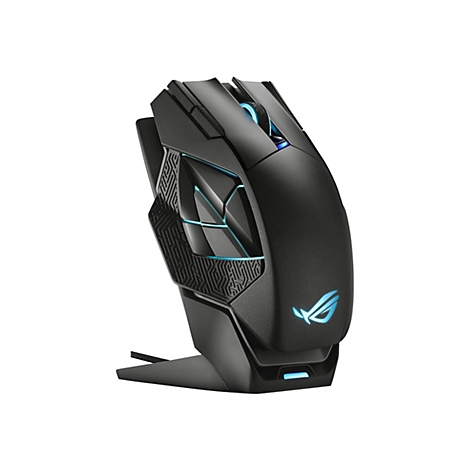 Schwarze, futuristische Gaming-Maus mit blauer LED-Beleuchtung auf einem Standfuß vor weißem Hintergrund.
