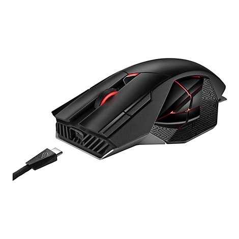 Schwarze Gaming-Maus mit roten Akzenten und Kabel, weißer Hintergrund.
