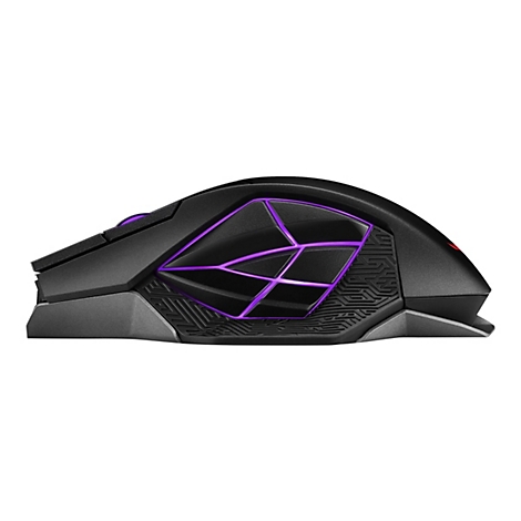 Schwarze Gaming-Maus mit lila Akzenten, die von innen leuchten. Der Maus-Körper hat eine futuristische Form, mit geometrischen Mustern.