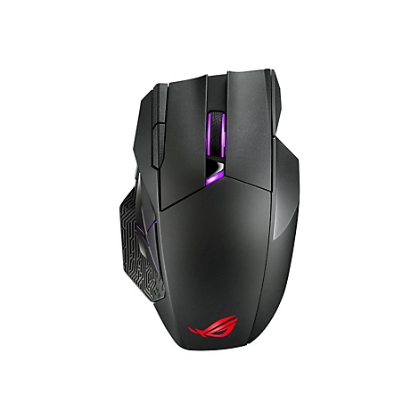 Souris de jeu noire avec des touches de rouge et de violet. Le logo ROG est clairement visible.