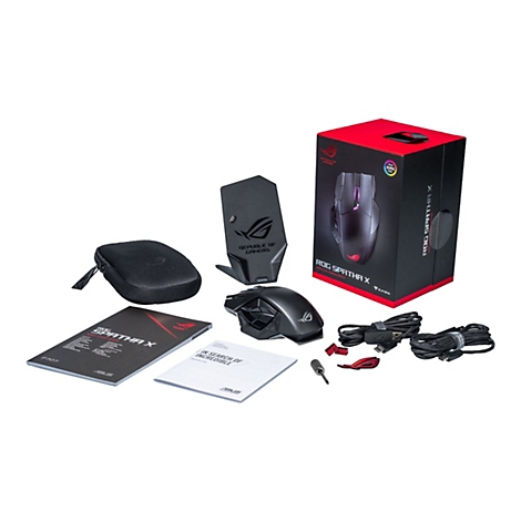 Ensemble de produits : Souris de jeu noire avec accent rouge, boÃ®te, documents et accessoires.