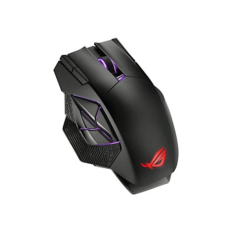 Souris de jeu noire avec des accents violets et un logo rouge. Sur fond blanc.