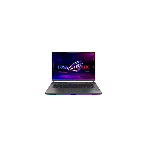 Schwarzer Laptop mit ROG Strix Logo und farbig beleuchteter Tastatur.